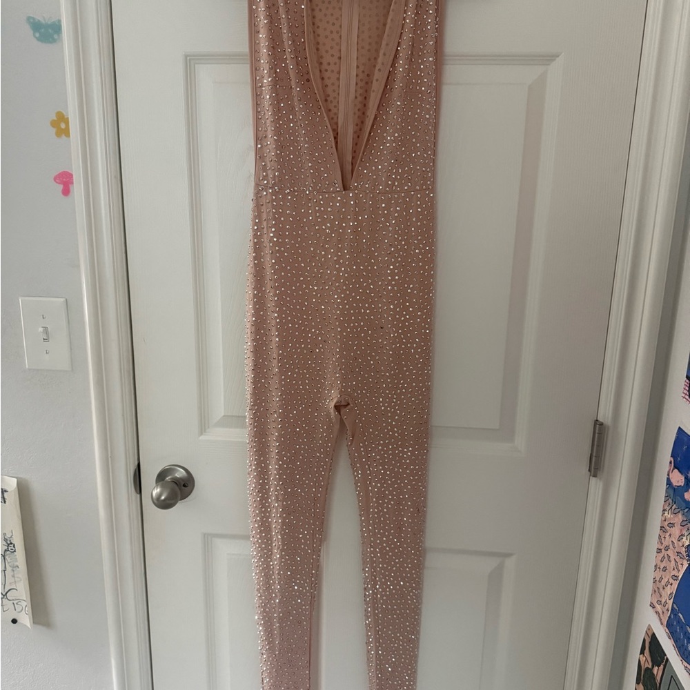Sleeveless Rhinestone Plunge Jumpsuit in Blush